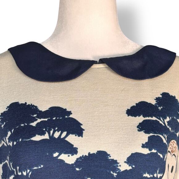 Yumi Owl Woodland Print Peter Pan Collar Dress Navy Cream Size 6/8 Forestcore - Picture 2 of 13